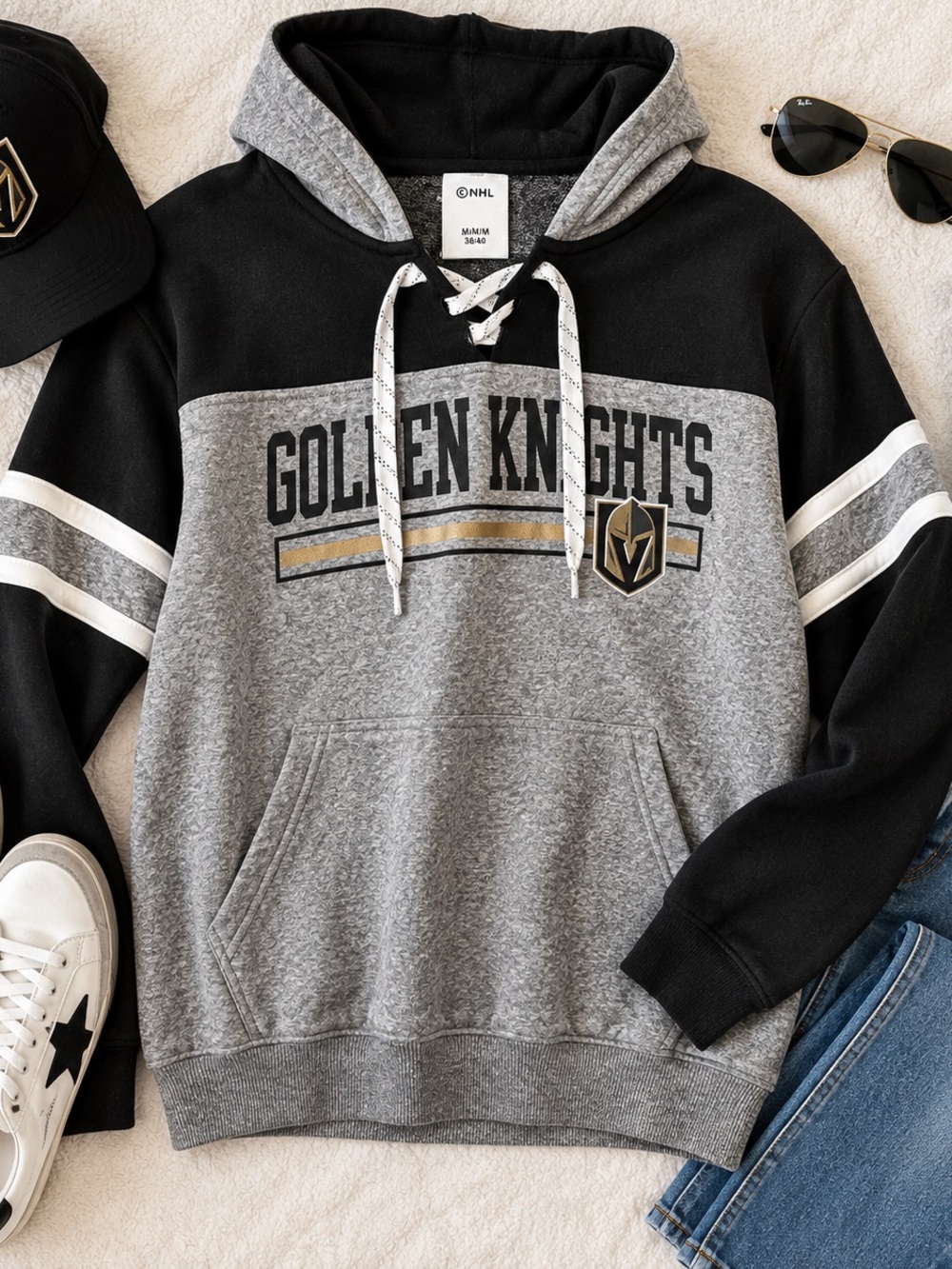 NHL Golden Knights Gray, Black and Gold Crewneck Hoodie